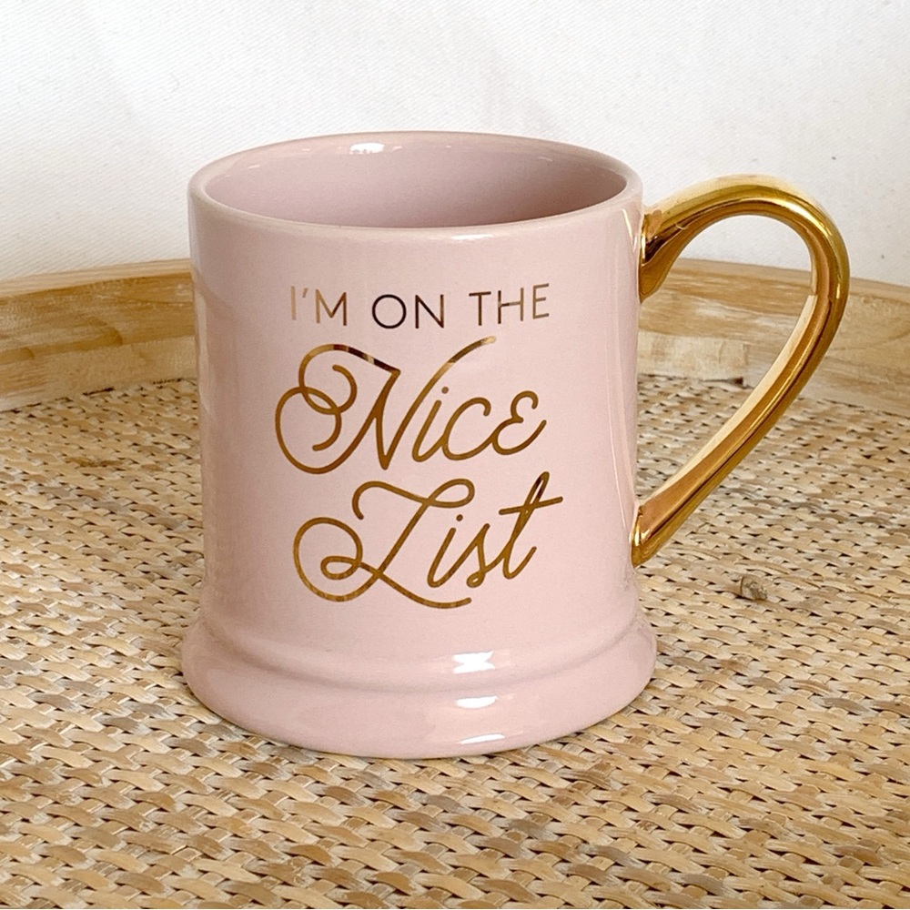 Indigo Christmas Holiday Funny Nice List Pink Mug with Gold Accent Handle